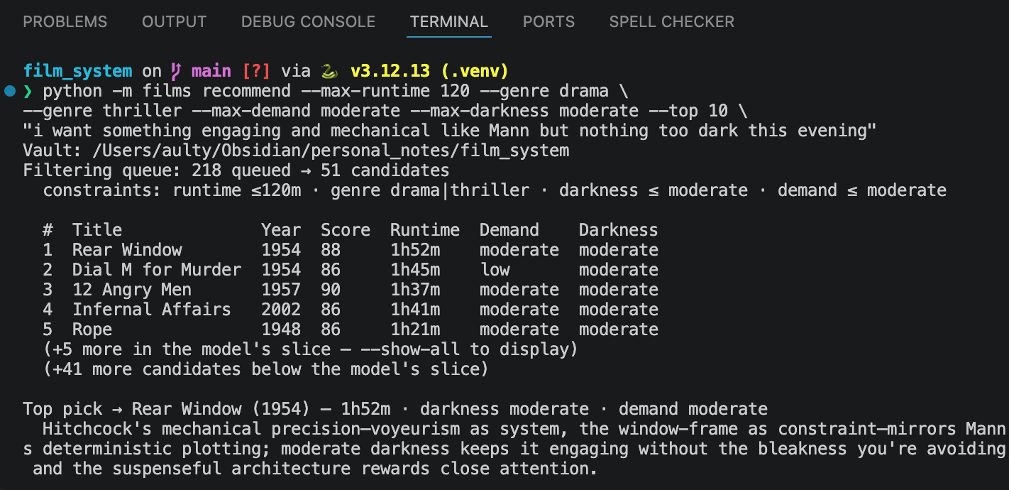 film-system's recommend command output